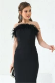 Dipmoda kadın siyah tüy detaylı straplez abiye elbise DPS003 - 2
