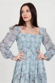 Kadın mint gipeli kare yaka desenli şifon elbise DP100361 - 5