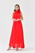 Dipmoda kadın kırmızı şifon gül detaylı uzun abiye elbise DPS9351 thumbnail 1