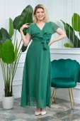 Dipmoda Kadın Yeşil Kruvaze Yaka Bağlama Detaylı Uzun Şifon Elbise DP0001 - 1