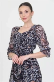 Dipmoda kadın siyah kalp yaka yeni sezon desenli şifon elbise RY0030 - 5