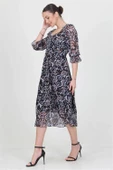 Dipmoda kadın siyah kalp yaka yeni sezon desenli şifon elbise RY0030 - 4