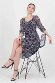 Dipmoda kadın siyah kalp yaka yeni sezon desenli şifon elbise RY0030 - 2