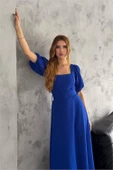 Dipmoda kadın saks mavisi kare yaka kemerli likralı elbise DPK2085 - 3