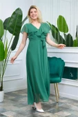 Dipmoda Kadın Yeşil Kruvaze Yaka Bağlama Detaylı Uzun Şifon Elbise DP0001 - 2