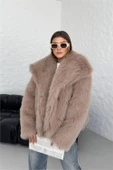 Dipmoda kadın camel oversize çıtçıtlı ithal kürk mont DPG037 - 5