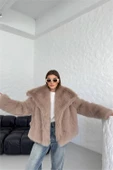Dipmoda kadın camel oversize çıtçıtlı ithal kürk mont DPG037 - 3