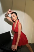 Dipmoda kadın kırmızı halter yaka payet elbise DPDF046 - 1