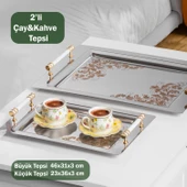 Porsima Yüzük 2li Paslanmaz Çelik Gümüş Kahve Tepsisi Gold Beyaz Desenli Dekoratif Servis Sunum Tepsisi - 1
