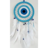 Nazar Boncuğu Motifli Turkuaz Rengi Dream Catcher Beyaz Kuş Tüylü Düş Kapanı Duvar Süsü - 1
