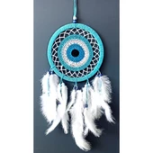 Nazar Boncuğu Motifli Turkuaz Rengi Dream Catcher Beyaz Kuş Tüylü Düş Kapanı Duvar Süsü - 2