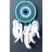 Nazar Boncuğu Motifli Turkuaz Rengi Dream Catcher Beyaz Kuş Tüylü Düş Kapanı Duvar Süsü - 3