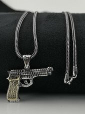 Özel Tabanca Tasarımlı 925 Ayar Gümüş Kolye 60 CM - 7