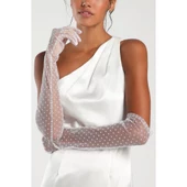 Uzun Boy Beyaz Puantiyeli Beyaz Renk Yetişkin Tül Eldiven thumbnail 3