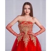 Uzun Boy Kırmızı Puantiyeli Kırmızı Renk Yetişkin Tül Eldiven - 1