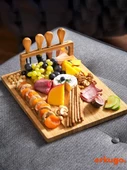 5 Parça Bambu Peynir Sunum Tahtası ve Çatal - Spatula -Mini Spatula  - Bıçak Seti, Peynir Kesim Panosu, Sunum Seti - 1