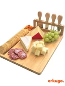 5 Parça Bambu Peynir Sunum Tahtası ve Çatal - Spatula -Mini Spatula  - Bıçak Seti, Peynir Kesim Panosu, Sunum Seti - 4