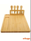 5 Parça Bambu Peynir Sunum Tahtası ve Çatal - Spatula -Mini Spatula  - Bıçak Seti, Peynir Kesim Panosu, Sunum Seti - 3