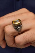 Sarı Sitrin Taşlı Kartal Başı 925 Gümüş Erkek Yüzük thumbnail 1