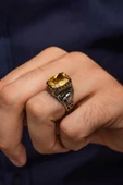Sarı Sitrin Taşlı Kartal Başı 925 Gümüş Erkek Yüzük thumbnail 4
