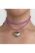 Vintage Big Heart Pembe İpli Silver Kolye Choker  Aksesuar Takı Hediyelik - 1