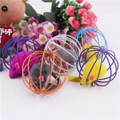 Renkli Metal Kafesli Peluş Fareli Kedi Köpek Oyuncağı Oyun Topu 6 cm - 3