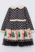 Kız Çocuk Ekose Detaylı Noel Baba Baskılı Bebe Yaka Noel Siyah Elbise - 8