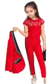 Kız Çocuk Taş İşleme Şal Yaka Blazer Ceket Dantel Detaylı Bluz Şerit Detaylı Kırmızı Alt Üst Takım thumbnail 2