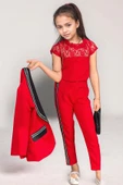 Kız Çocuk Taş İşleme Şal Yaka Blazer Ceket Dantel Detaylı Bluz Şerit Detaylı Kırmızı Alt Üst Takım thumbnail 4