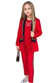 Kız Çocuk Taş İşleme Şal Yaka Blazer Ceket Dantel Detaylı Bluz Şerit Detaylı Kırmızı Alt Üst Takım thumbnail 1