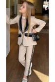 Kız Çocuk Taş İşleme Şal Yaka Blazer Ceket Dantel Detaylı Bluz Şerit Detaylı Krem Alt Üst Takım thumbnail 5