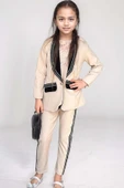 Kız Çocuk Taş İşleme Şal Yaka Blazer Ceket Dantel Detaylı Bluz Şerit Detaylı Krem Alt Üst Takım thumbnail 3