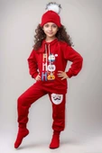 Kız Erkek Kardan Adam ve Yazı Baskılı Bereli Yeni Yıl Kırmızı Eşofman Takım thumbnail 2