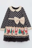Kız Çocuk Ekose Detaylı Noel Baba Baskılı Bebe Yaka Noel Siyah Elbise - 7