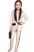 Kız Çocuk Taş İşleme Şal Yaka Blazer Ceket Dantel Detaylı Bluz Şerit Detaylı Krem Alt Üst Takım thumbnail 1