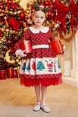 Kız Çocuk Ekose Detaylı Noel Baba Baskılı Bebe Yaka Noel Kırmızı Elbise thumbnail 5