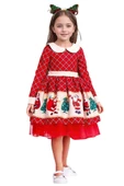 Kız Çocuk Ekose Detaylı Noel Baba Baskılı Bebe Yaka Noel Kırmızı Elbise thumbnail 1
