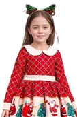 Kız Çocuk Ekose Detaylı Noel Baba Baskılı Bebe Yaka Noel Kırmızı Elbise thumbnail 2