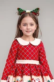 Kız Çocuk Ekose Detaylı Noel Baba Baskılı Bebe Yaka Noel Kırmızı Elbise thumbnail 6