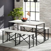 Eportatif Masa Takımı Bench Bank Masa Seti 120x60 Masa Mutfak Masası Yemek Masası Beyaz 1552 - 1