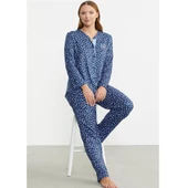 Sementa Minimal Desen Yumoş Önden Düğmeli Bayan Pijama Takım - 1