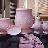 By Selim SB170L10 Pattern Pembe 5 Parça Polyester Banyo Seti - 1