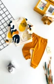 Neşeli Bebekler Think Yes Baskılı Desen İki İplik Penye Kumaş Takım Renkli Turuncu thumbnail 1