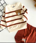 Neşeli Bebekler Ayıcık Nakışlı Desenli Çizgili Yakadan Çıtçıtlı Mevsmlik Takım Kiremit thumbnail 2