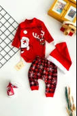 Neşeli Bebekler Noel Baba Ve Geyik Baskılı Bereli Yılbaşı Takımı thumbnail 1