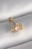 316L Çelik Gold Renk Pembe Mineli Kalp Zirkon Taş Detay Tragus Piercing - TJ-PR1260 - 1