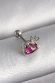 316L Çelik Gümüş Renk Pembe Mineli Kalp Zirkon Taş Detaylı Taç Tragus Piercing - TJ-PR1263 - 1