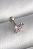 316L Çelik Gümüş Renk Pembe Zirkon Taşlı Kelebek Tragus Piercing - TJ-PR1241 - 1