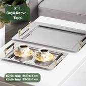Porsima Gold 2li Paslanmaz Çelik Gümüş Kahve Tepsisi Gold Sİyah Desenli Dekoratif Servis Sunum Tepsisi - 1