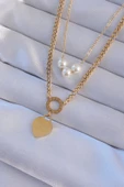 316L Çelik Gold Renk Çift Zincir İnci Detayı Love Kalp Kolye - 1